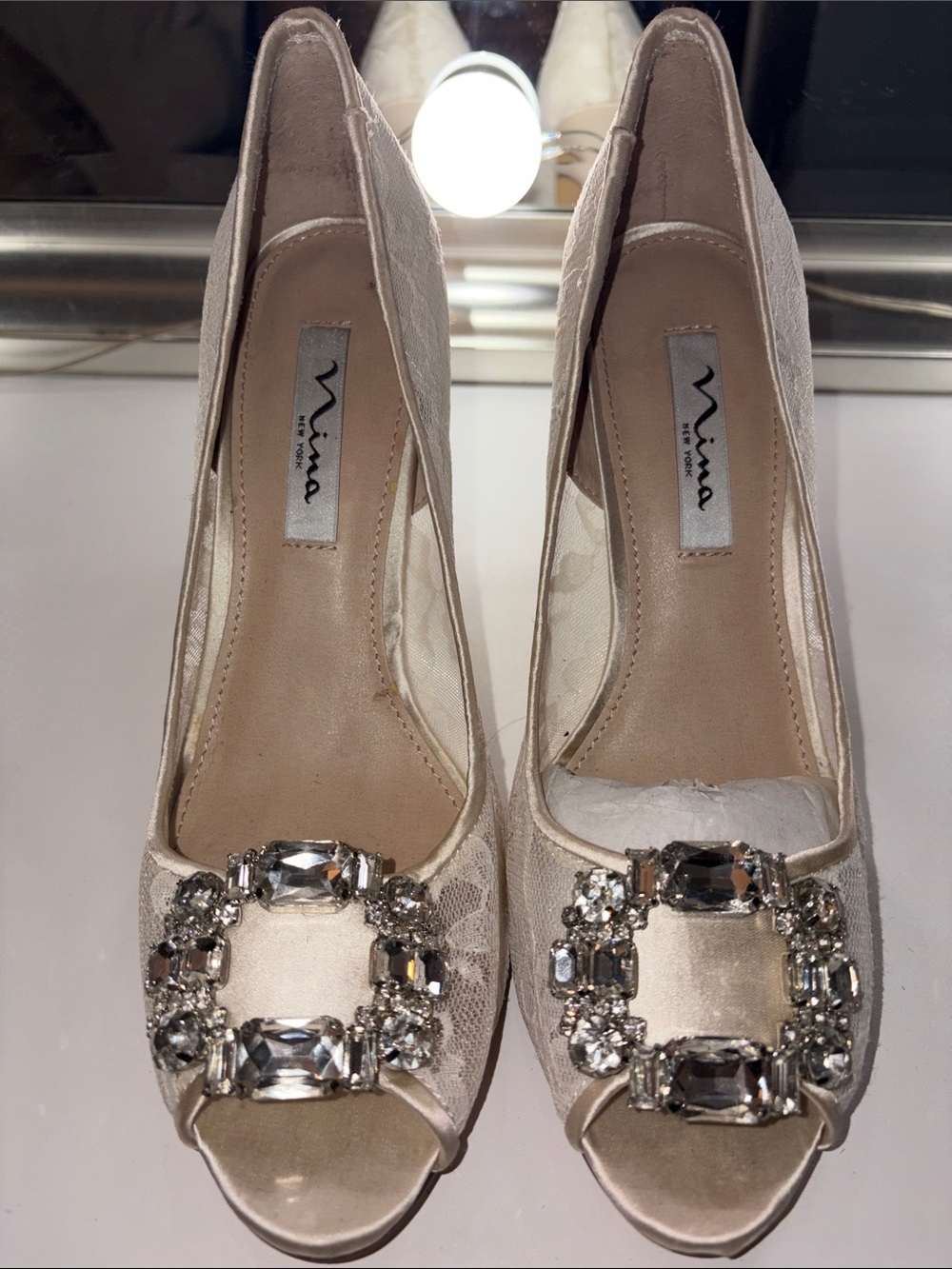Nina Champagne Satin Peep-Toe Heels with Crystal Buckles